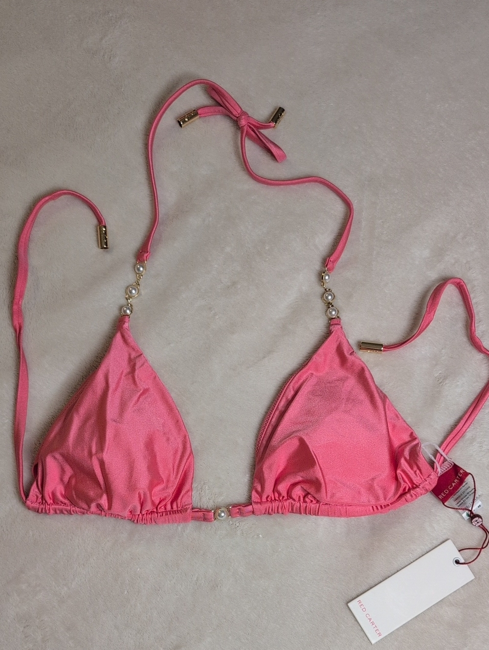 Red Carter Pink Triangle Bikini Top with Pearl Accents